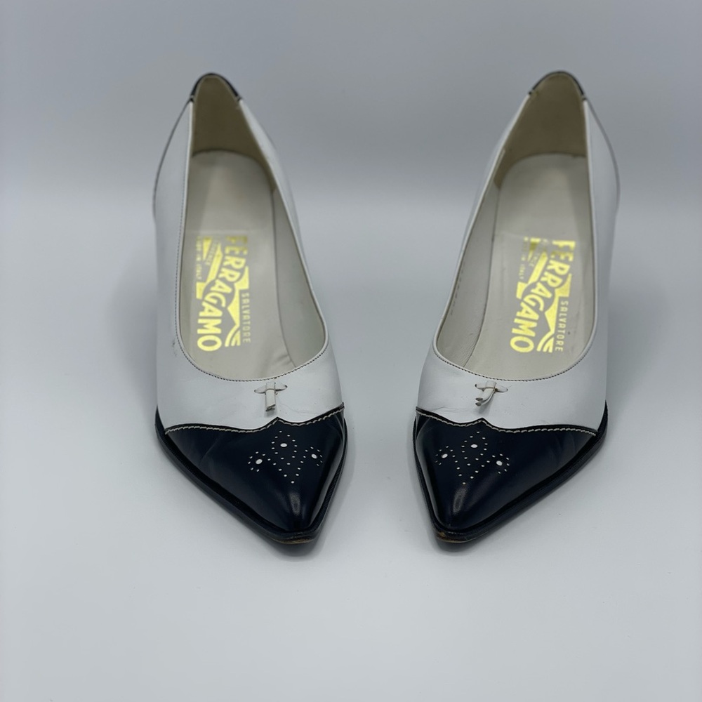 Salvatore Ferragamo Two-Tone White and Black Pointed Toe Pumps